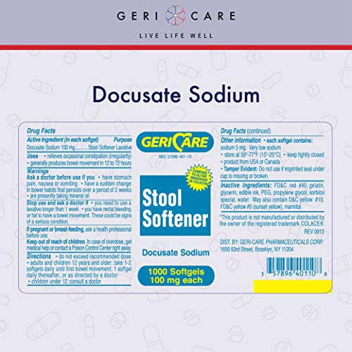 Docusate Sodium Stool Softener By Geri-Care | 100mg Softgels | 10…