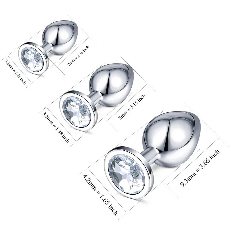3PC Metal Butt Toys Stainless Steel Butt Plug Bead White Crystal Jeweled