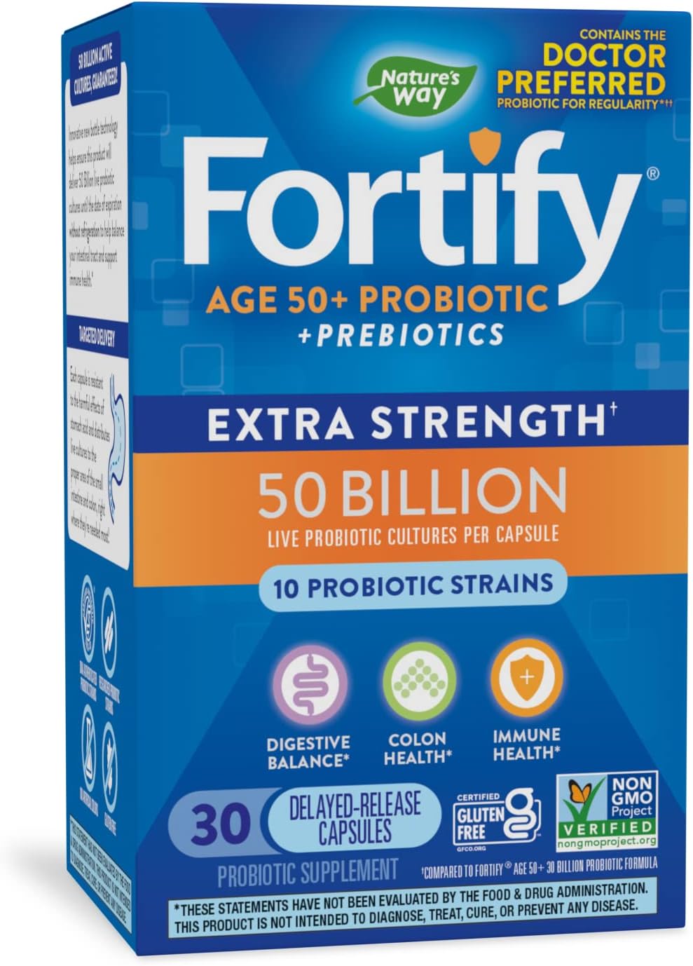 Natures Way Fortify Age 50+ Probiotic + Prebiotic, Colon, Digestive, and Immune Health Support*, 30 
