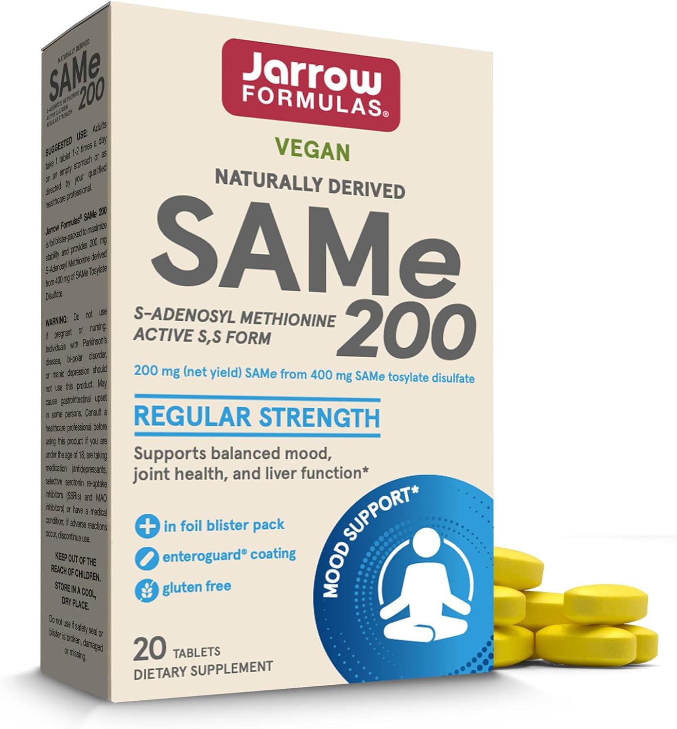 Jarrow Formulas SAMe 200 mg - 20 Tablets - Highest Concentration of Active S,S Form - Supports Joint