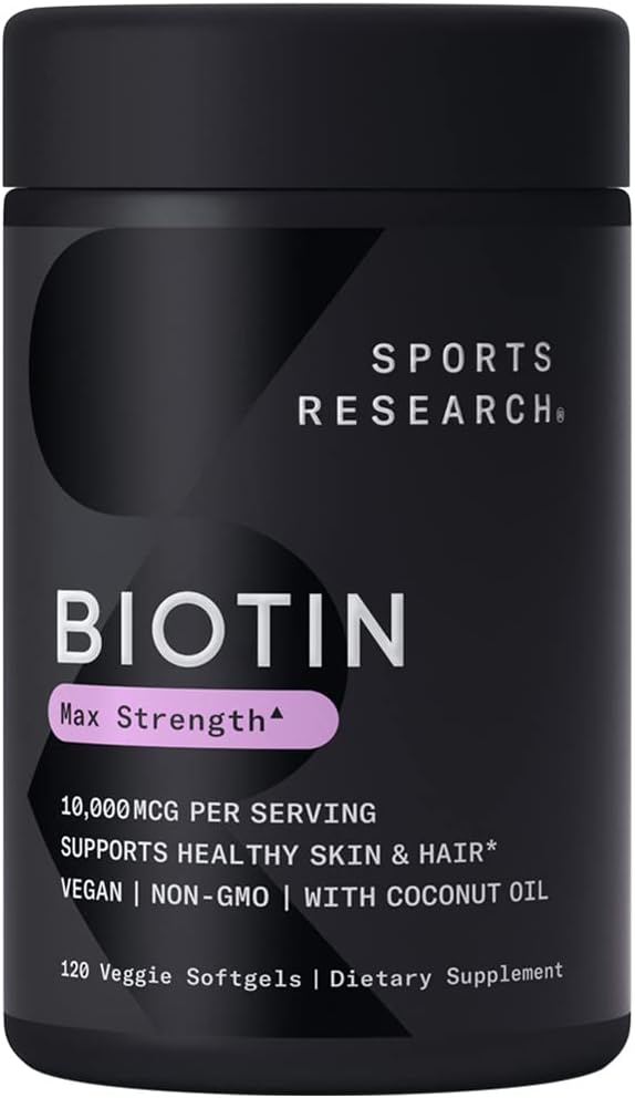 Sports Research Extra Strength Vegan Biotin (Vitamin B) Supplement with Organic Coconut Oil - 10,000