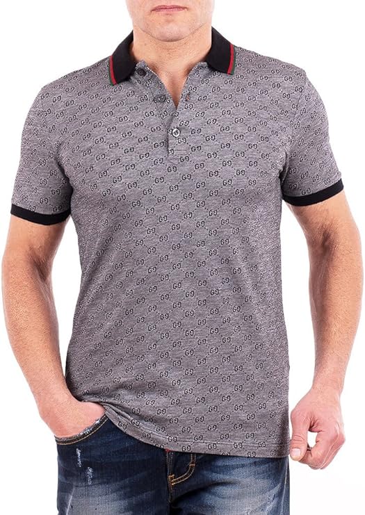 Gucci Polo Shirt, Mens Gray Short Sleeve Polo T- Shirt GG Print