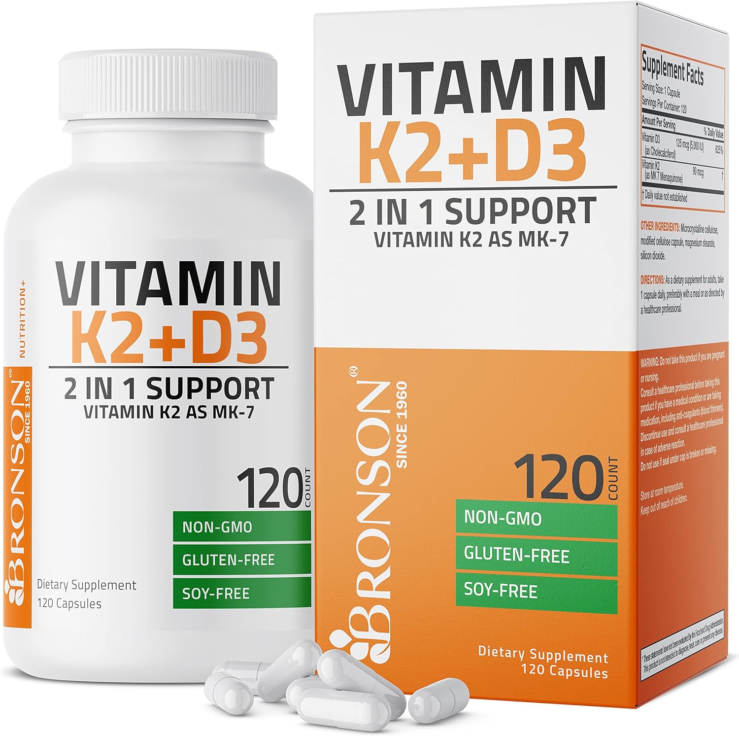 Bronson Vitamin K2 (MK7) with D3 Supplement Non-GMO Formula 5000 IU Vitamin D3 & 90 mcg Vitamin 
