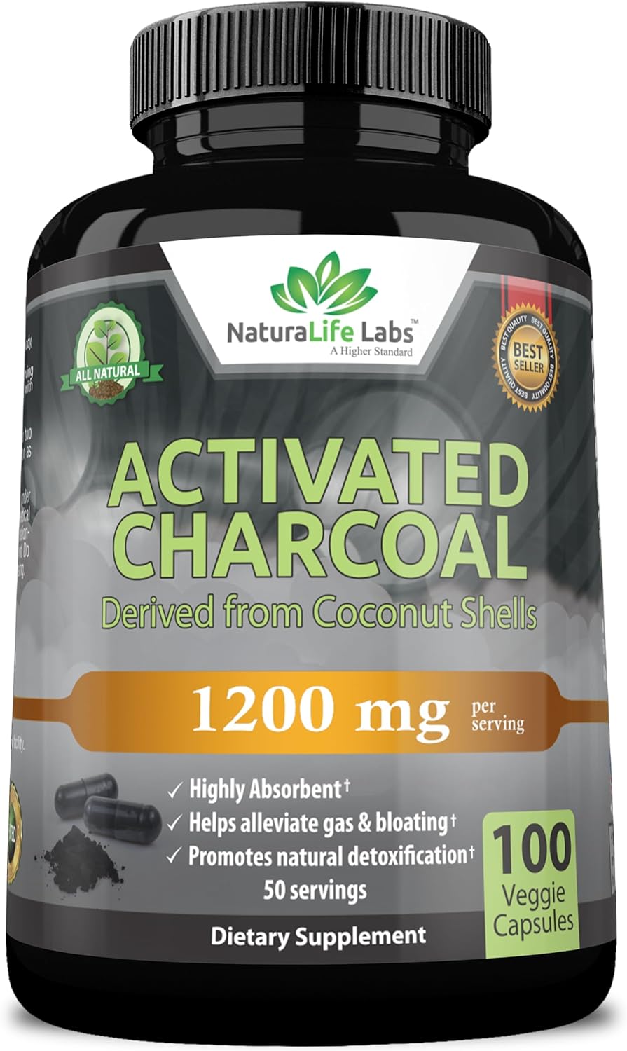 Activated Charcoal Capsules - 1,200 mg Highly Absorbent Helps Alleviate Gas & Bloating Promotes 