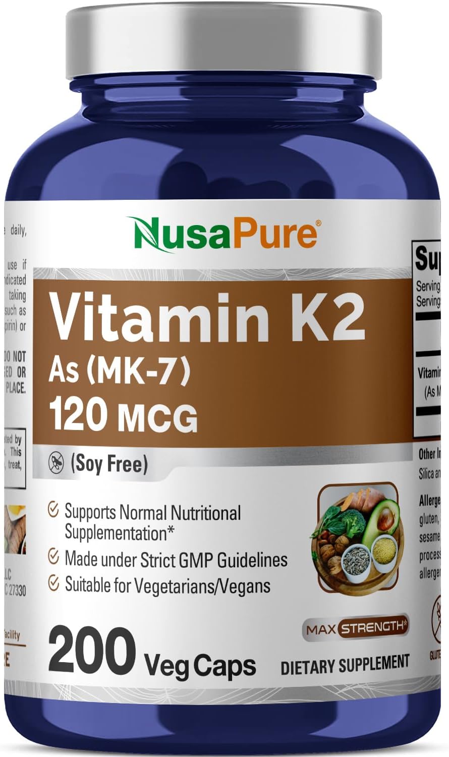 NusaPure Vitamin K2 MK7 120 mcg 200 Veggie Caps (Soy Fr