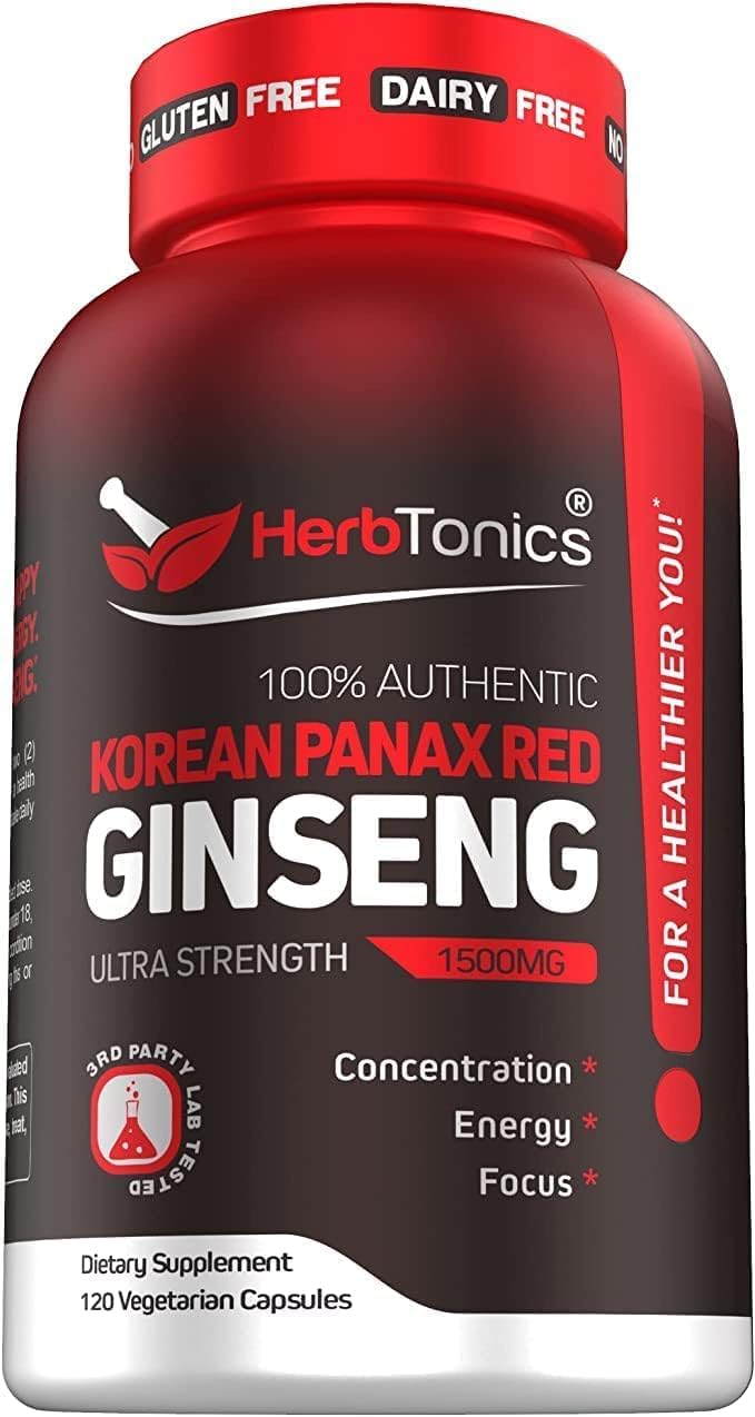 Herbtonics Korean Red Panax Ginseng 1500mg - High Potency Ginseng for Energy, Performance & Immu