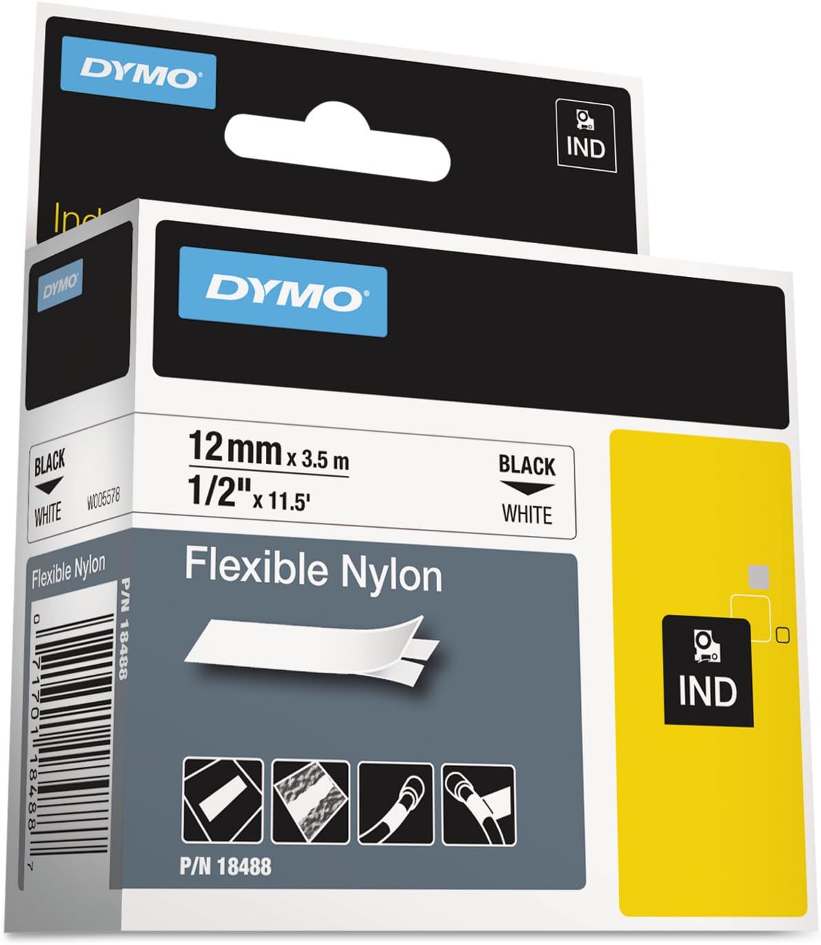 DYMO 18488 Rhino Flexible Nylon Industrial Label Tape, 1/2-Inch x 11 1/2 ft, White/Black Print