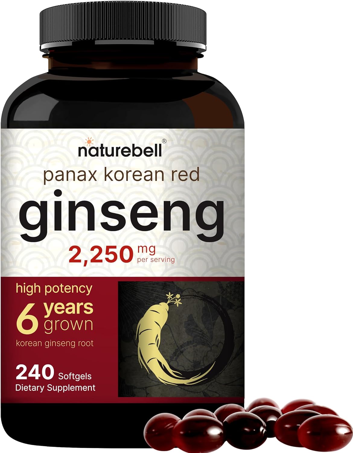 Korean Red Ginseng 2,250mg Per Serving, 240 Softgels | Panax Ginseng Root, Standardized to 10% Ginse
