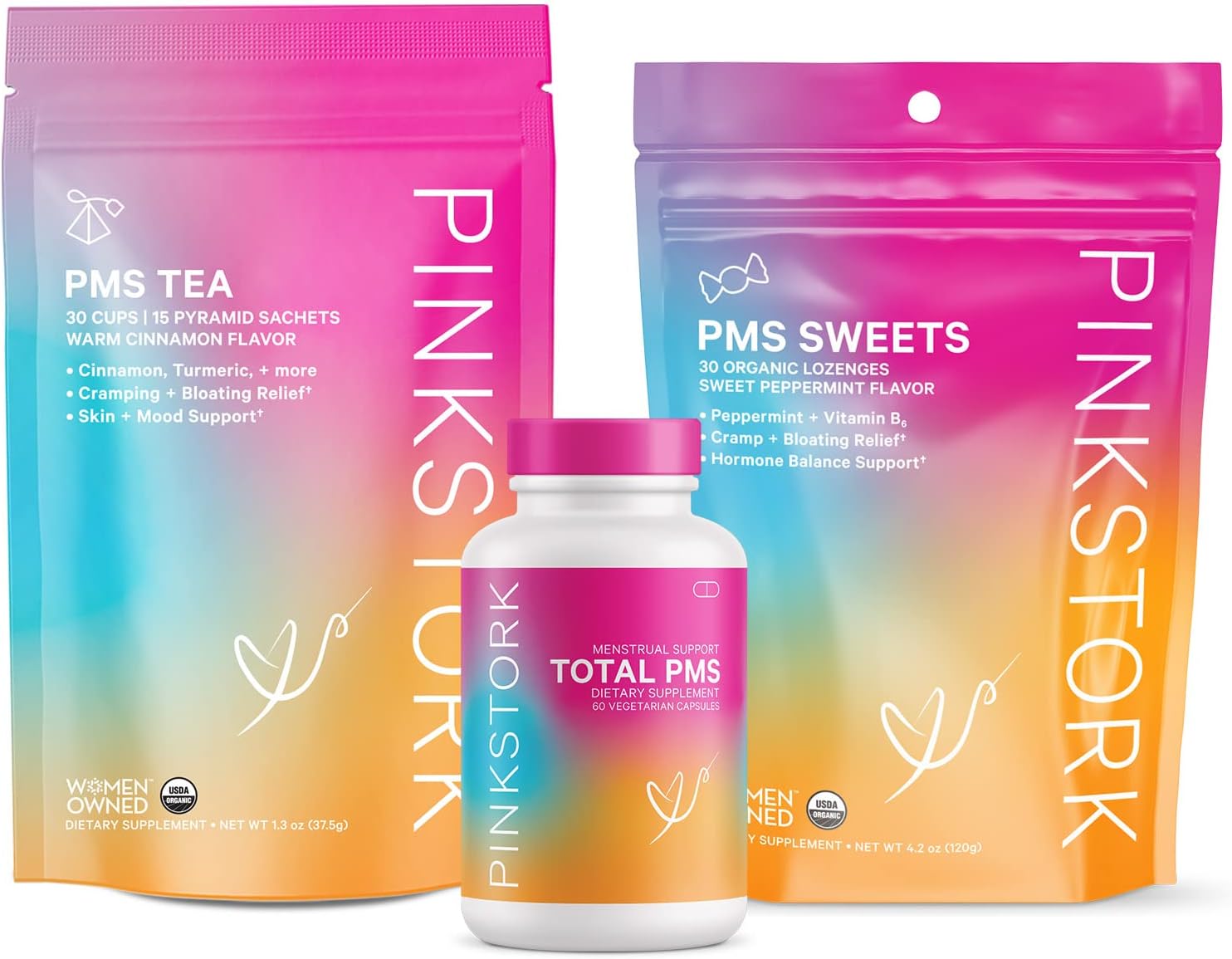 Pink Stork PMS Support Trio: Period Support Supplements, PMS Tea, Peppermint Sweets, Menstrual Suppo