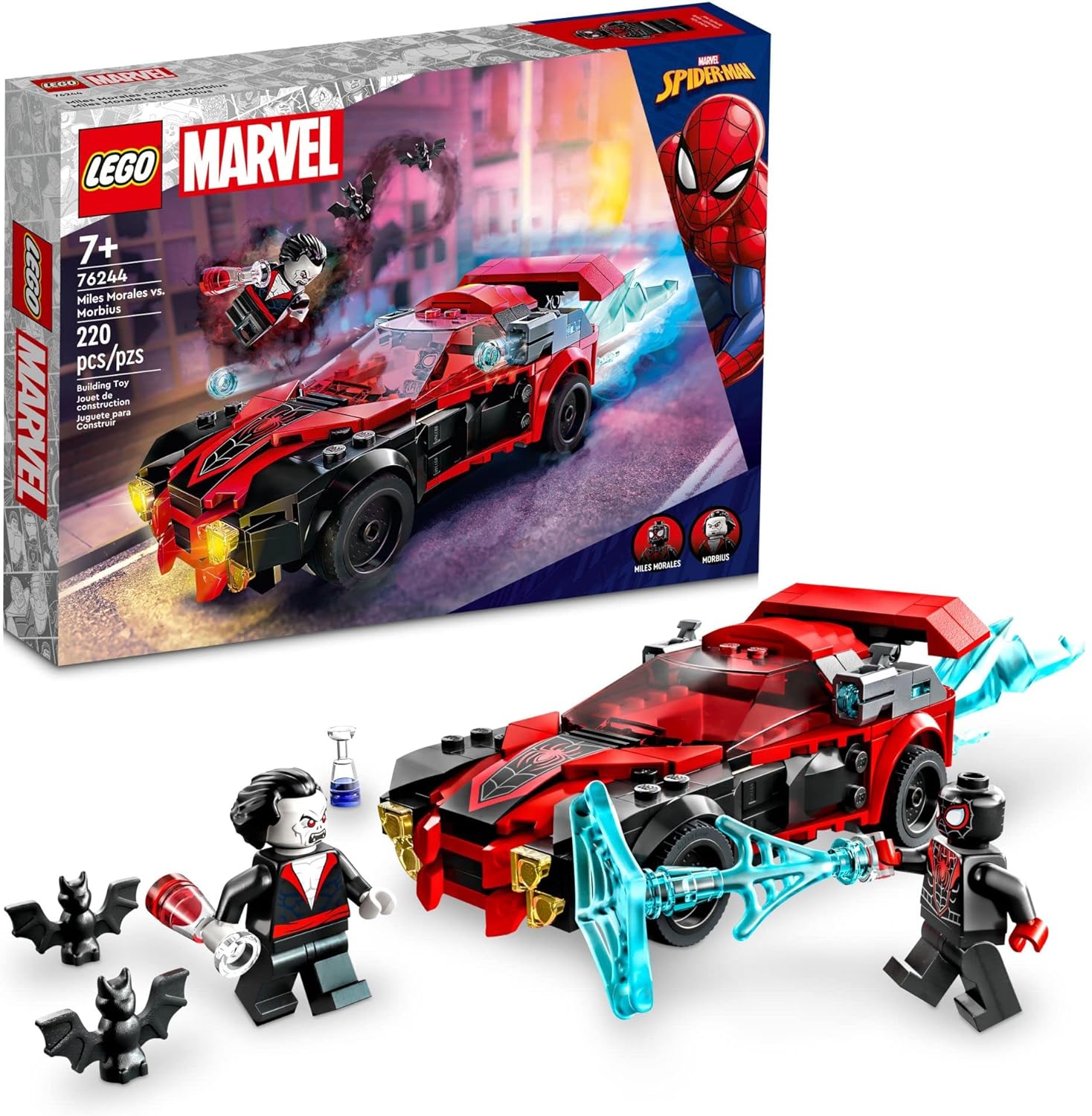 LEGO Marvel Spider-Man Miles Morales vs. Morbius 76244 Building Toy - Featuring Race Car and Action 