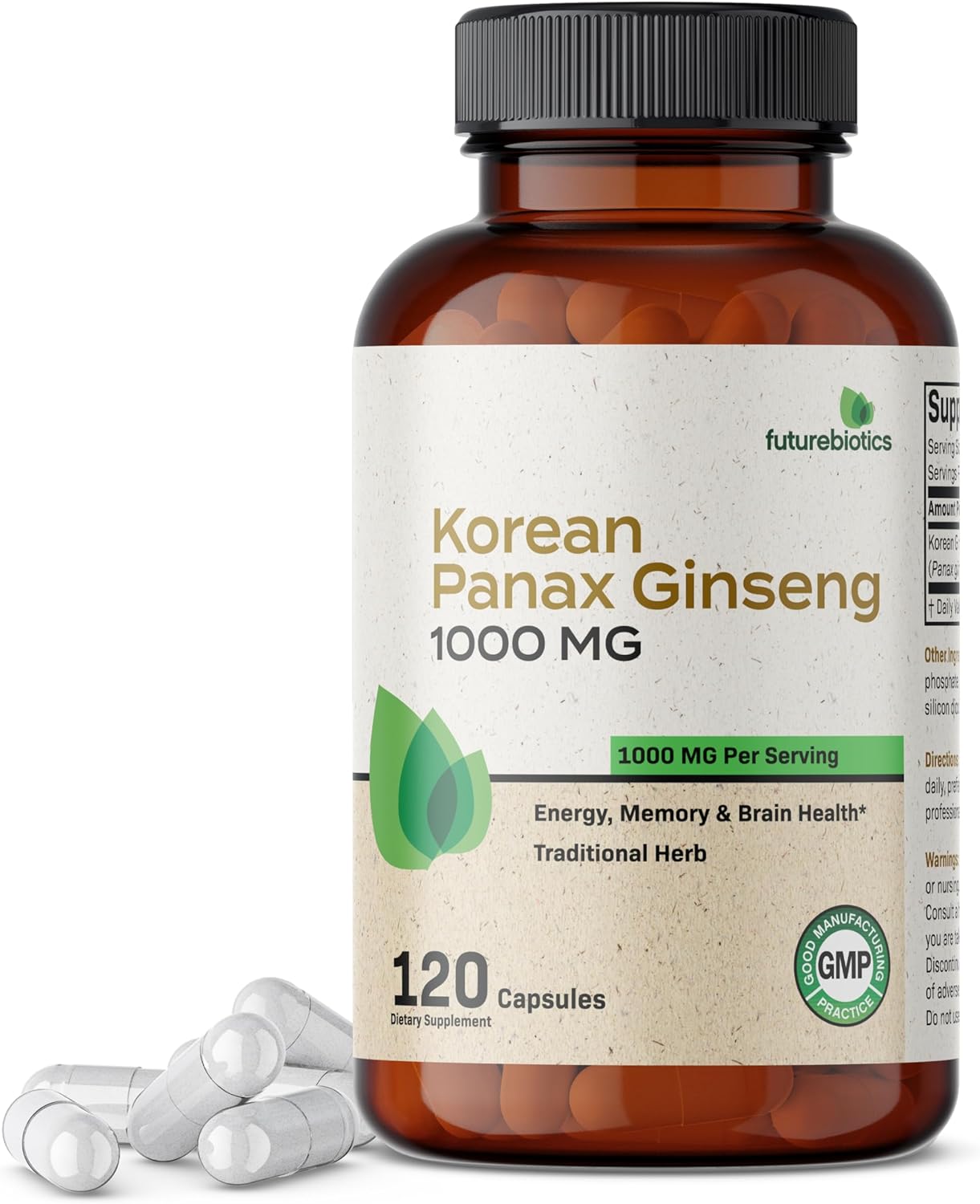 Futurebiotics Korean Panax Ginseng 1000 MG Per Serving Energy, Memory & Brain Health Support, No