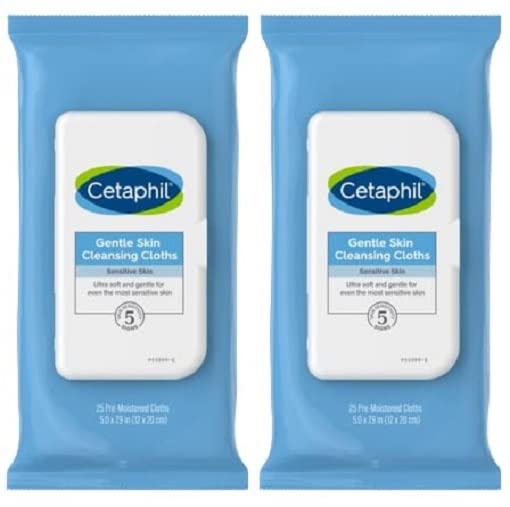 Cetaphil Face and Body Wipes, Gentle Skin Cleansing Cloths, 25 Count (Pack of 2), for Dry, Sensitive