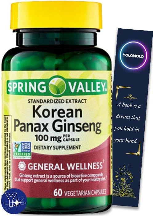 Korean Panax Ginseng Vegetarian Capsules Spring Valley, 100 mg, 60 Count and Bookmark Gift of YOLOMO
