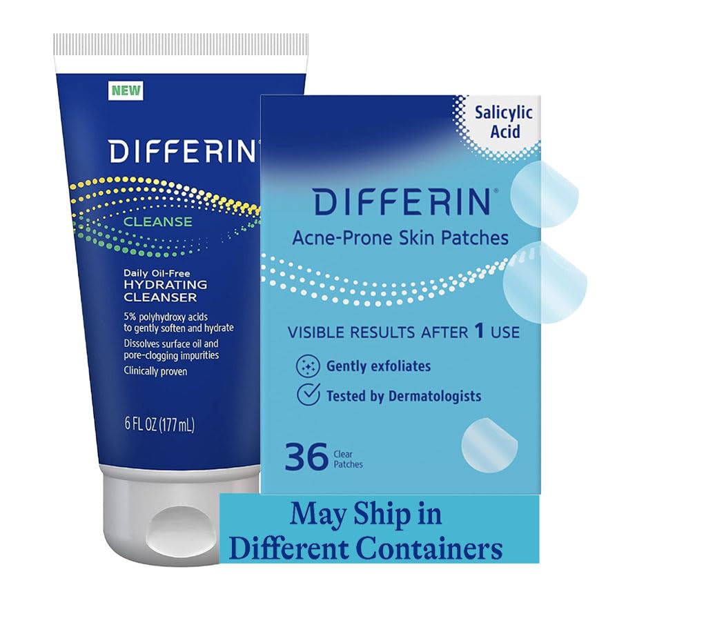 Differin Hydrating Cleanser and Patch Set: Contains 36 Power Patches, 18 large and 18 small pimple p