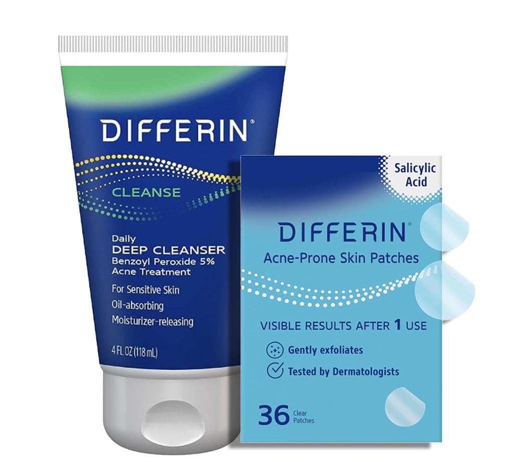Differin 5% Benzoyl Peroxide Cleanser and Patch Set: Contains 36 Power Patches, 18 large and 18 smal