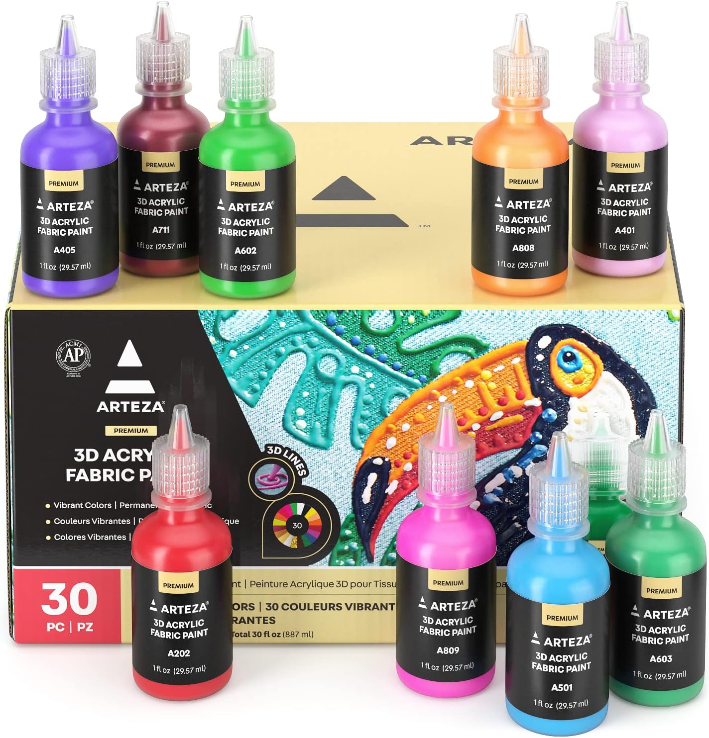 ARTEZA 3D Permanent Fabric Paint, Set of 30 Individual Colors (Include Neon & Fluorescent) for T